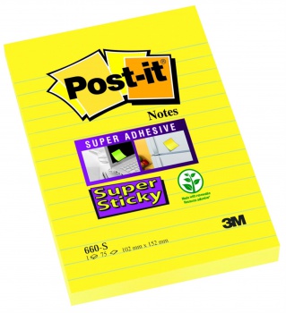 Samolepiaci bloček Post-it Super Sticky, 102x152 mm, žltý, linajky