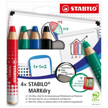 Sada STABILO MARKdry na tabuľu a flipchart 4f so strúhadlom a utierkou