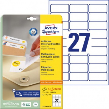 Etikety univerzálne odnímateľné 63,5x29,6mm Avery A4 25+5 hárkov